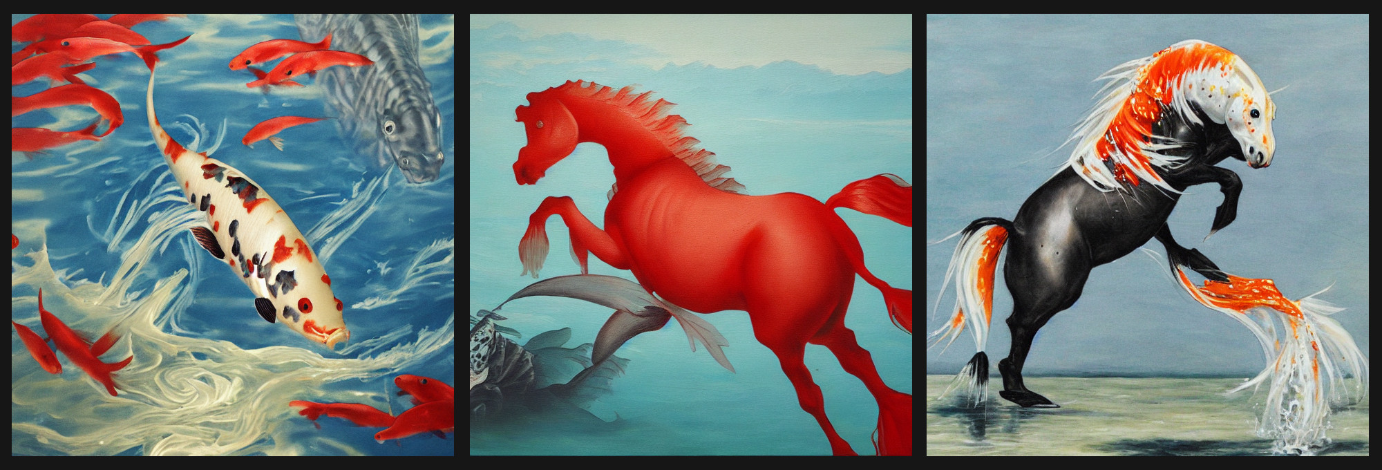 My brother asked me for a black horse riding a red koi in a blue pond. But the language model does not really like to work in this way. In order to get that kind of result some kind of compositing would be needed. Regardless, the results I got a pure nightmare fuel.An they are not even the worst ones.